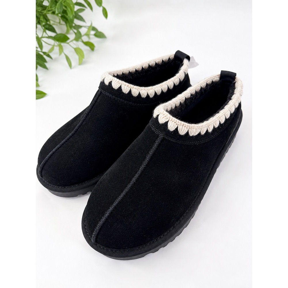 Auden Women's Size 11 Black Suede Leather Slippers Crochet Trim NWT Cozy Shoes